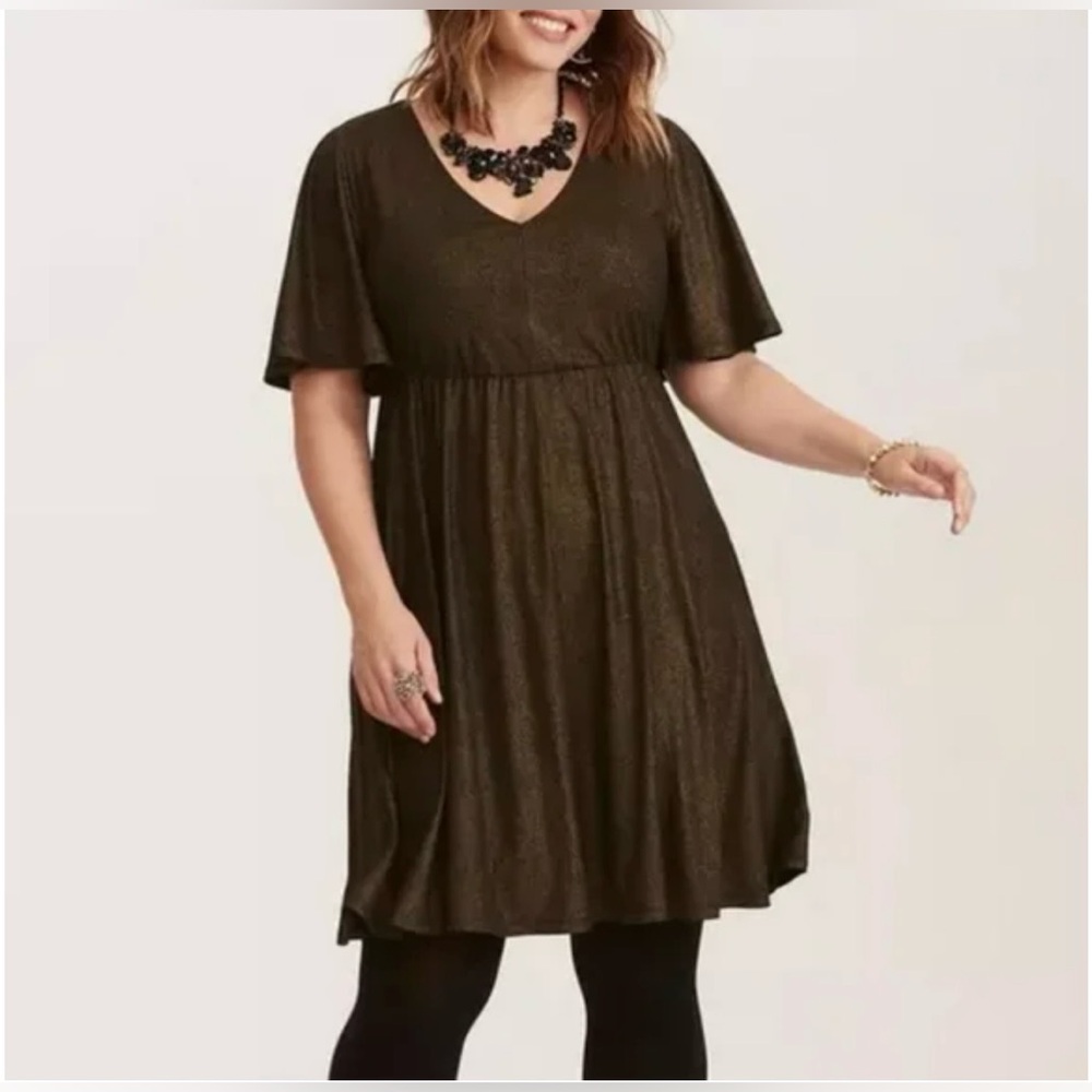 Torrid Metallic Gold Flutter Sleeve Fit & Flare Dress Size 00 (L/12)